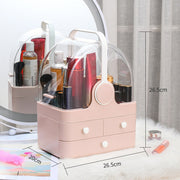 Lipstick Large Dressing Table And Rack with clear top and drawer, showcasing cosmetics and beauty products.
