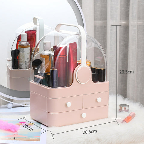 Lipstick Large Dressing Table And Rack with clear top and drawer, showcasing cosmetics and beauty products.