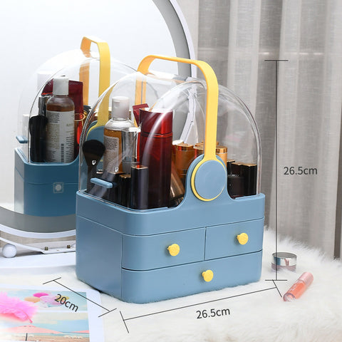 Lipstick Large Dressing Table And Rack featuring a stylish organizer with transparent dome and drawers for makeup storage.