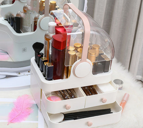 Lipstick Large Dressing Table And Rack with organized cosmetics and storage drawers.