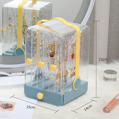 Lipstick Large Dressing Table And Rack with clear jewelry organizer, yellow handle, and blue base, perfect for makeup storage.