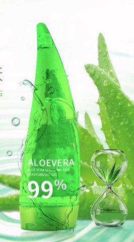 Aloe Gel Skin Care Moisturizing Face Cream bottle with 99% Aloe Vera, surrounded by aloe leaves and water droplets.